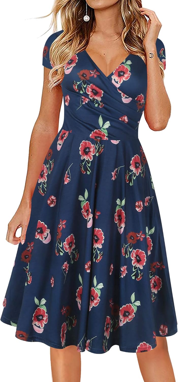 Oxiuly Women's Cap Sleeve Summer Casual Floral Vacation Dress