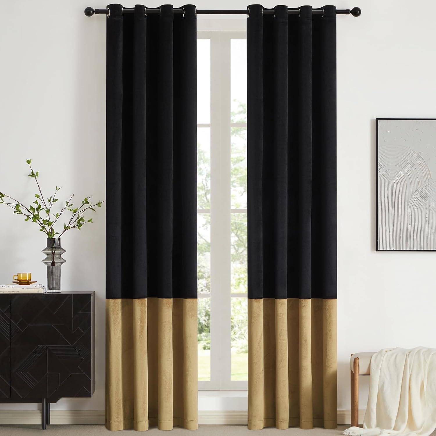 Black Gold Color Block Velvet Window Curtains for Darkening
