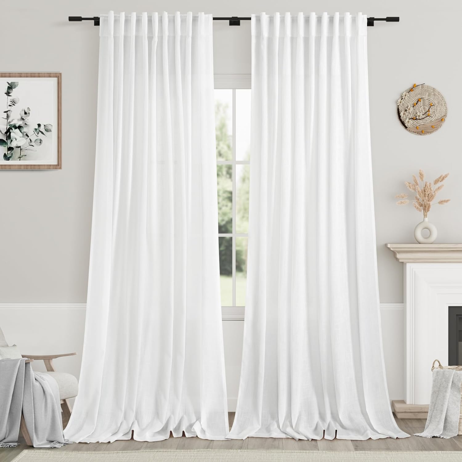 Nanspring White Linen Curtains 96 inches Long for Cozy Decor