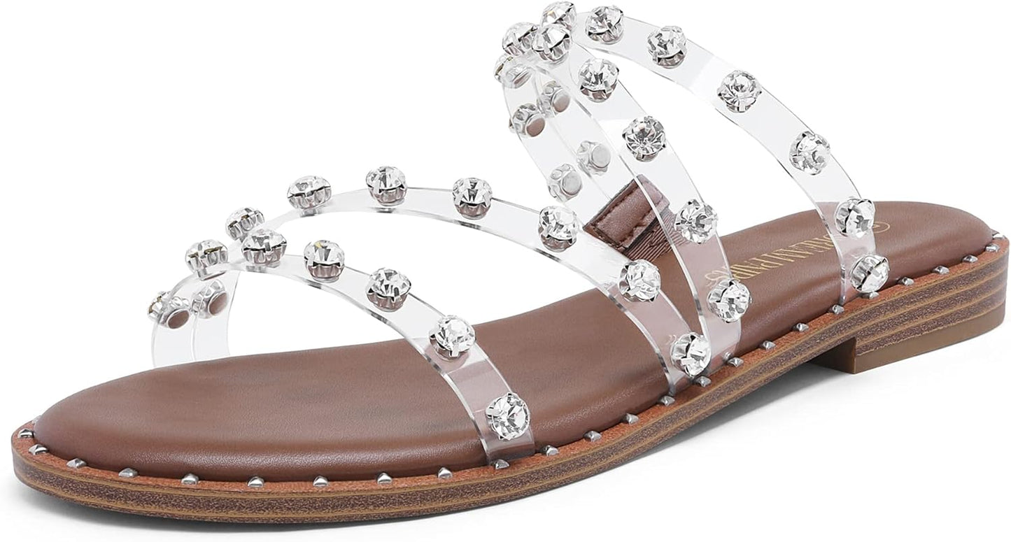 DREAM PAIRS Women's Clear Studded Rhinestone Slide Sandals