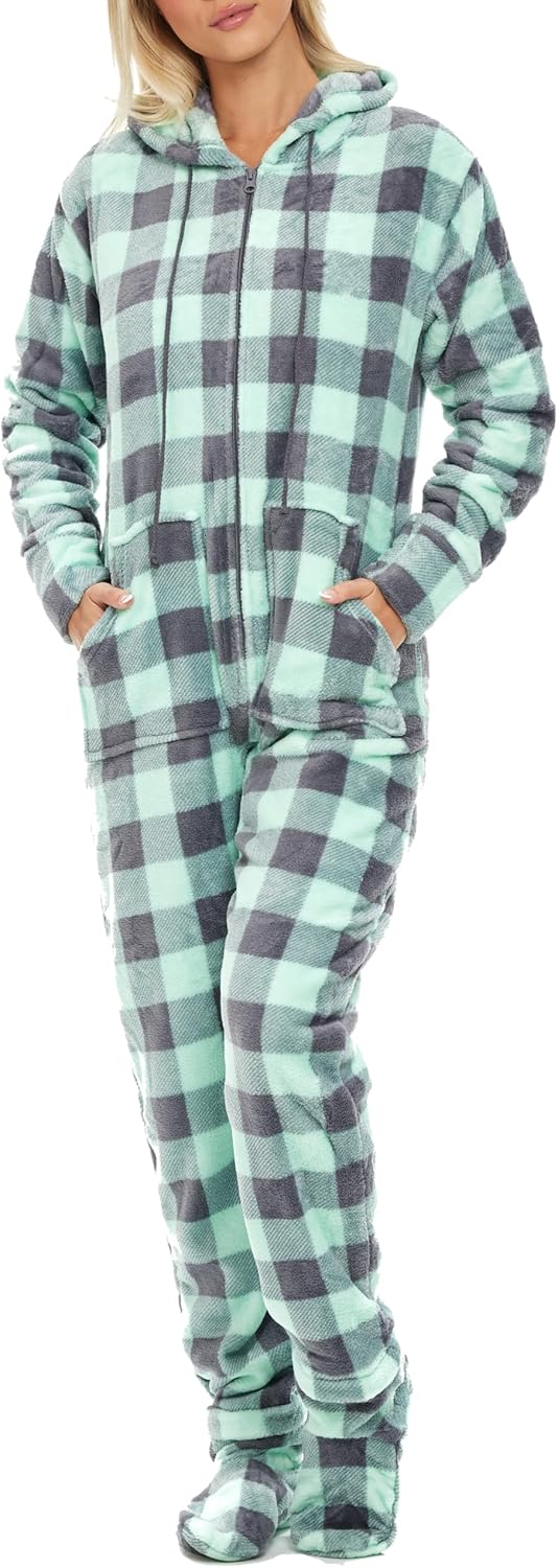 Plush Coral Fleece Adult Onesie Pajamas with Hood and Pockets