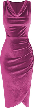 Velvet Cowl Neck Cocktail Midi Dress - Flattering Ruched Bodycon Shoes