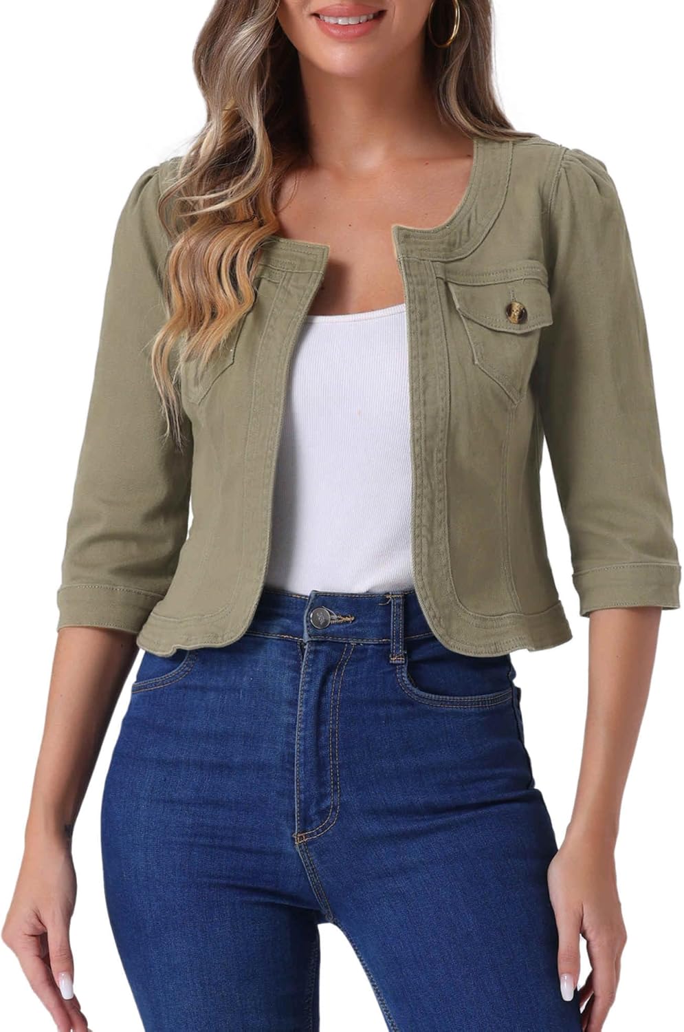 Collarless Denim Jacket for Women by Allegra K - Stylish Crop