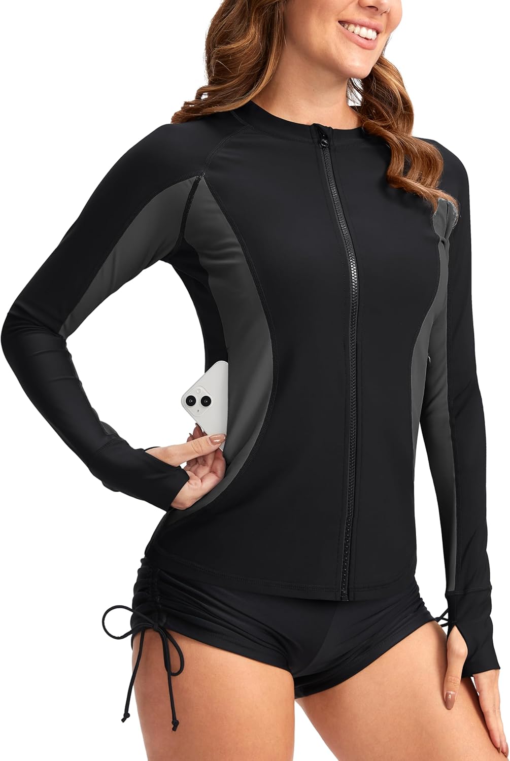 SANTINY Women's Rash Guard with Zipper Pockets for Sun Protection