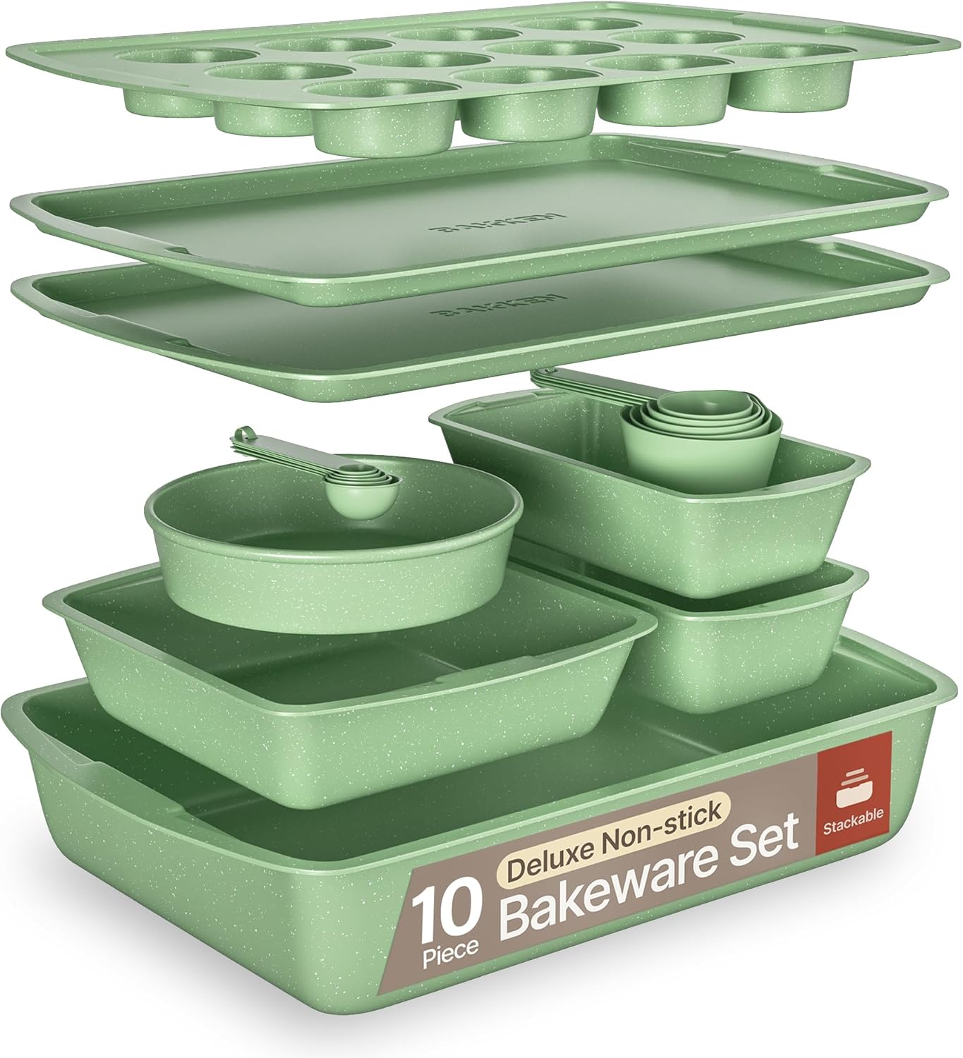 Green 10-Piece Bakeware Set for Effortless Baking and Storage