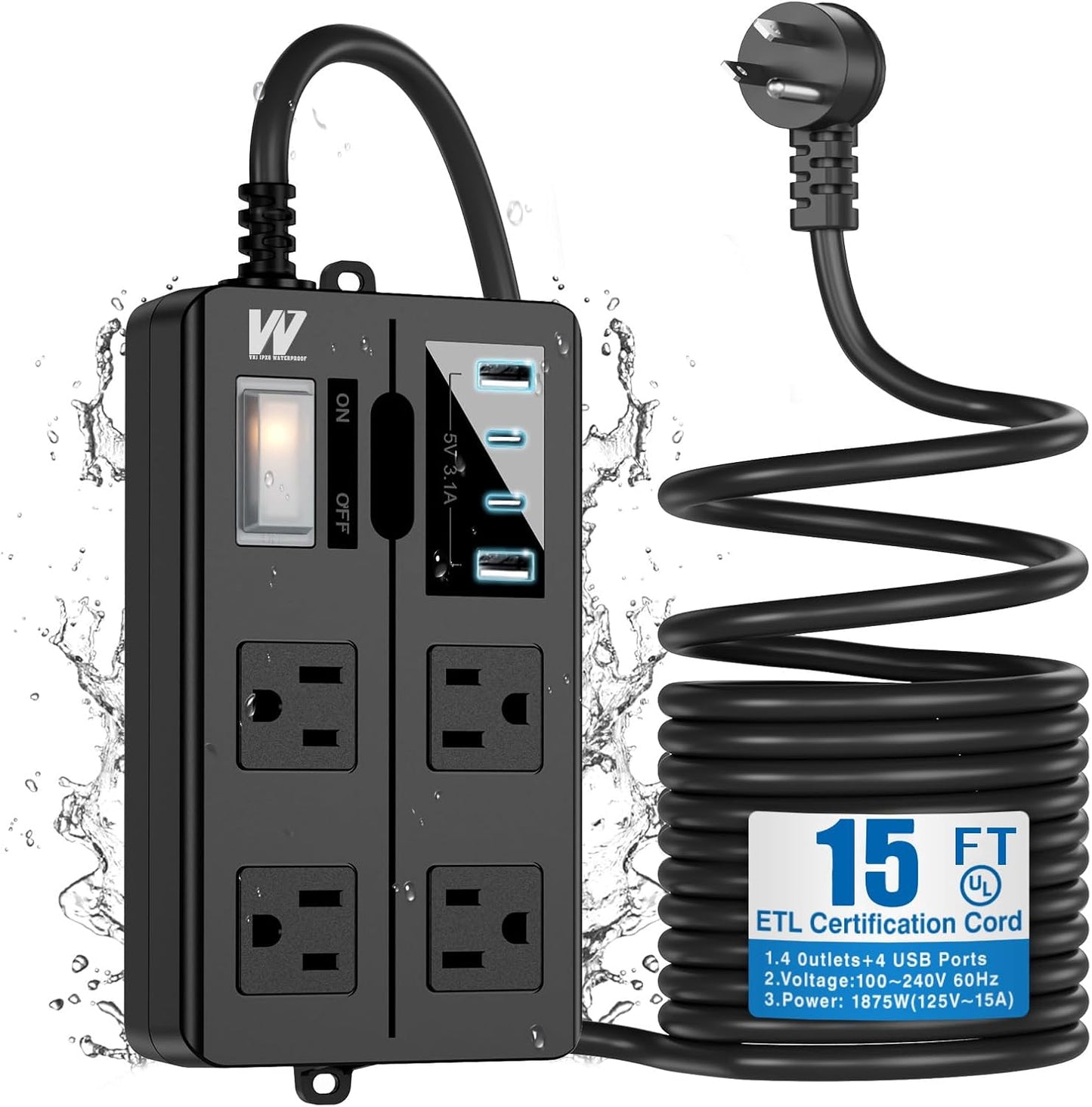 VNJ Outdoor Power Strip with 4AC Outlets and 4USB Ports