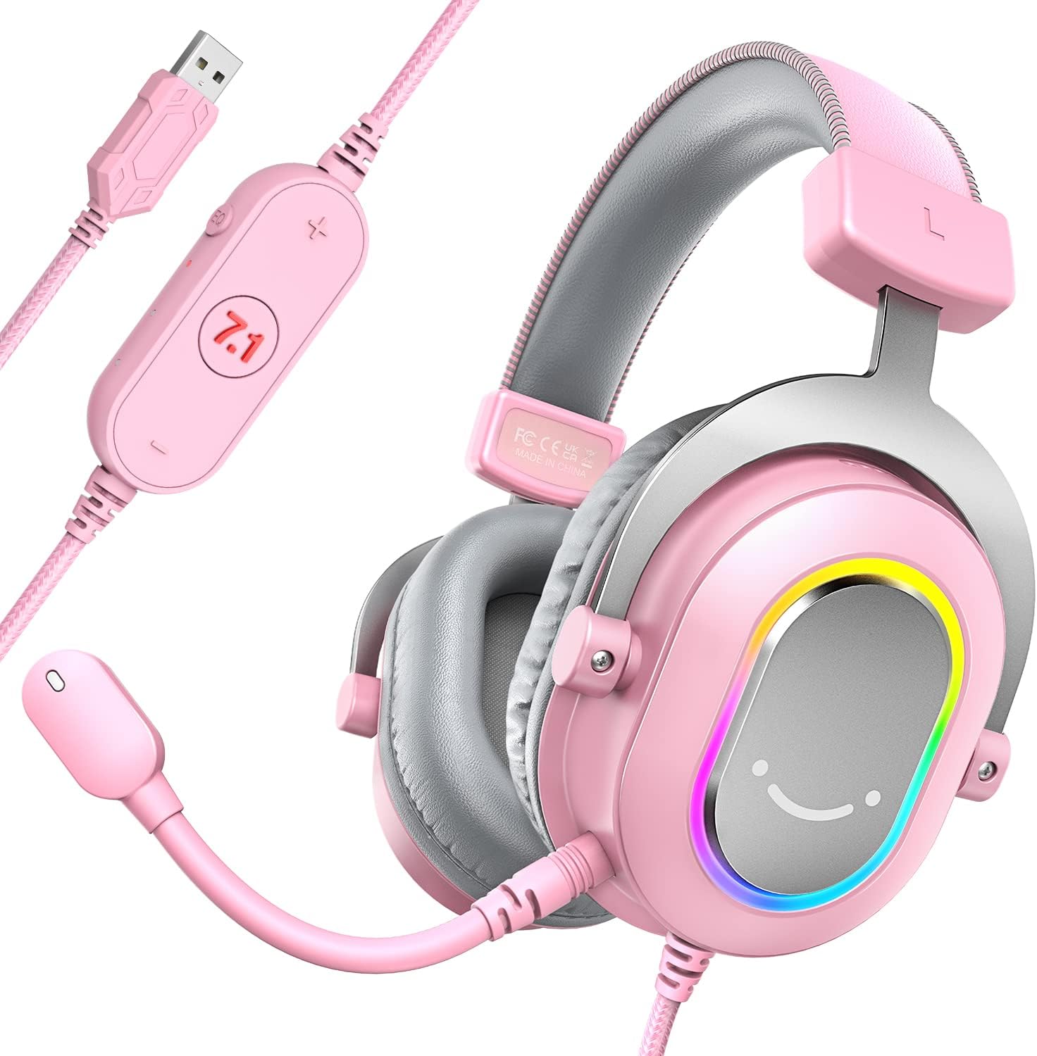 Pink Surrounds FIFINE Pink USB Gaming Headset, 7.1 Surround Sound, RGB Lights ...