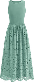 Women Summer Maxi Tank Dress with Lace Eyelet and Pockets