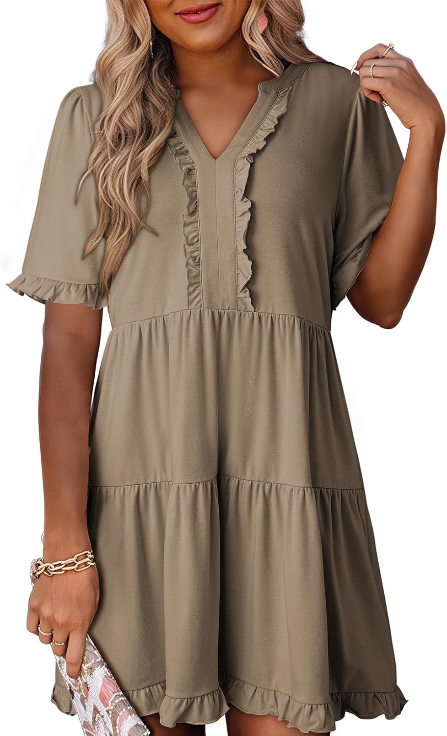 Dokotoo Womens Dresses V Neck Short Sleeve Casual A Line Mini