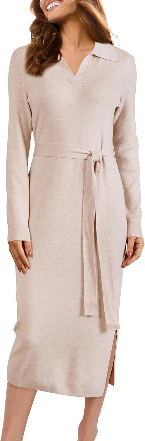 Arach&Cloz Women's Wool Blend Side Slit Polo Sweater Dress