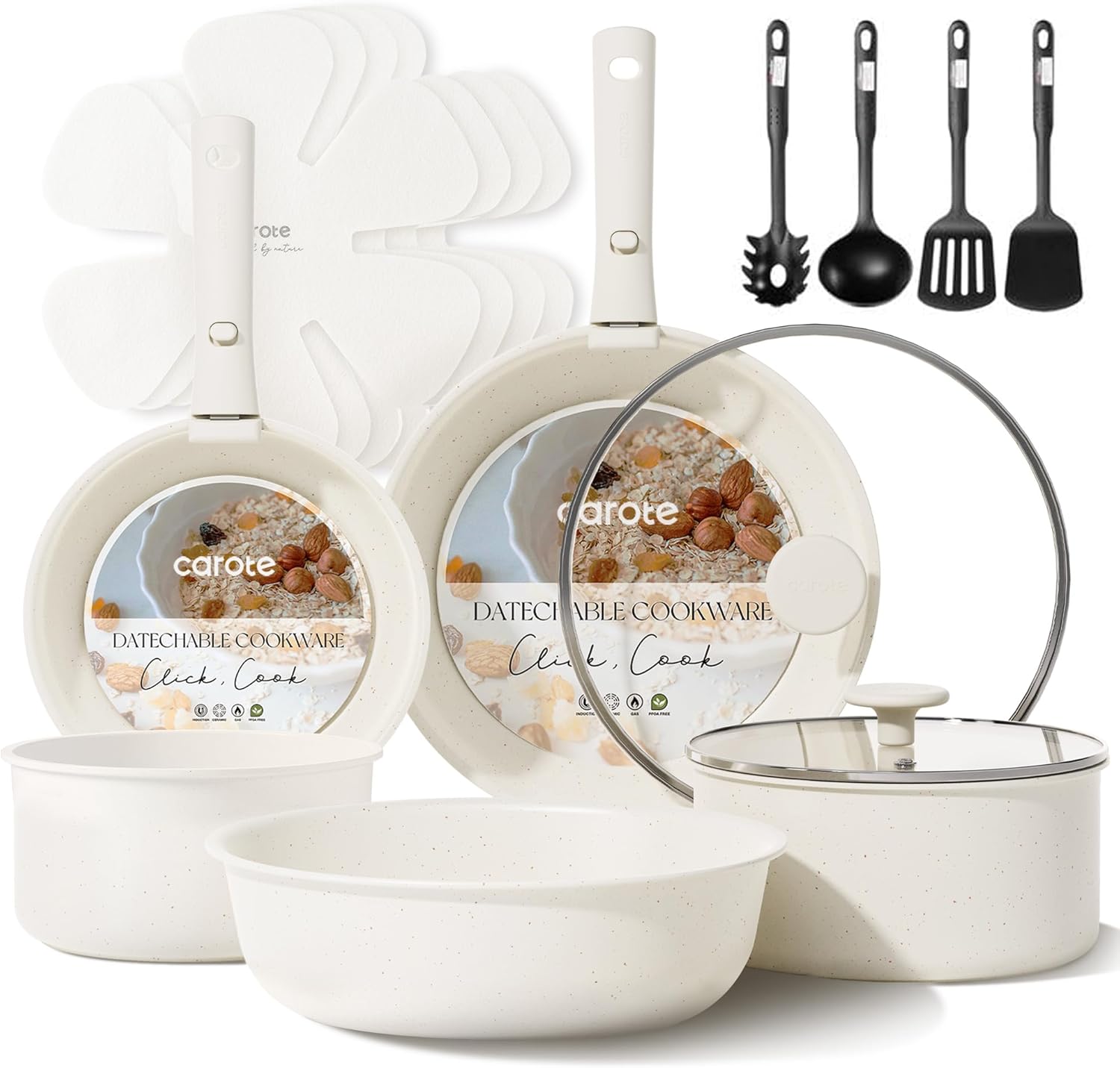 CAROTE 17pcs Nonstick Cookware Set with Detachable Handle