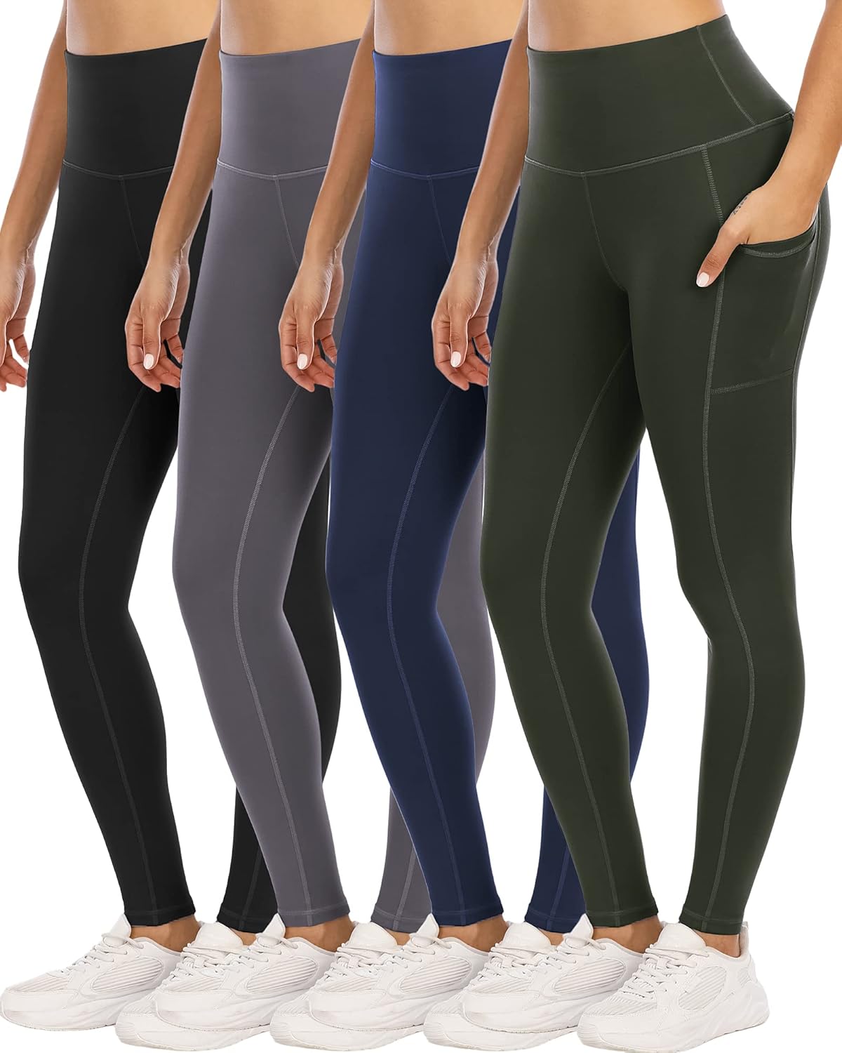 4 Pack Leggings with Pockets for Women - High Waist Tummy Control