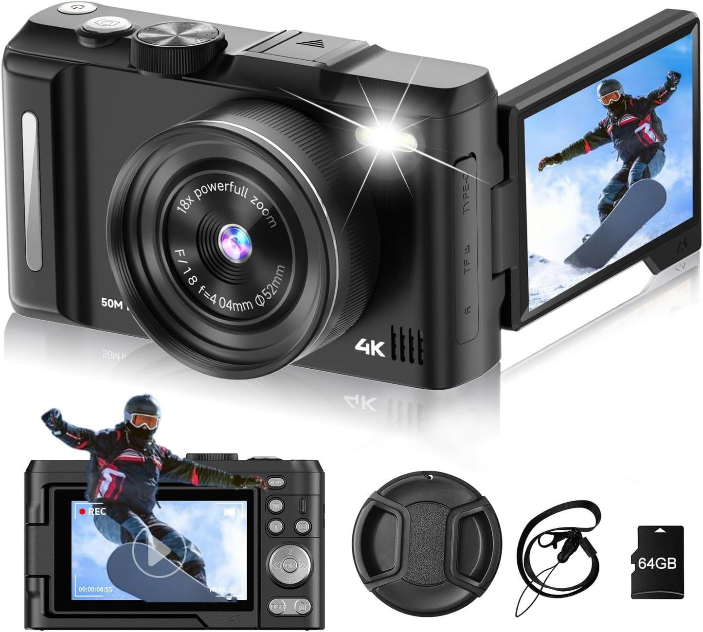 4K Digital Camera for Photography and Vlogging with 180 Flip Screen