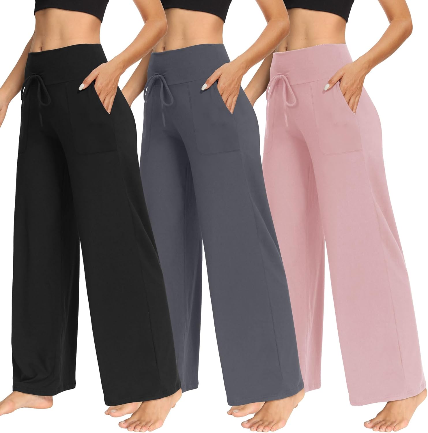 TNNZEET Women's Wide Leg Pants - Casual Yoga Trouser 3 Pack