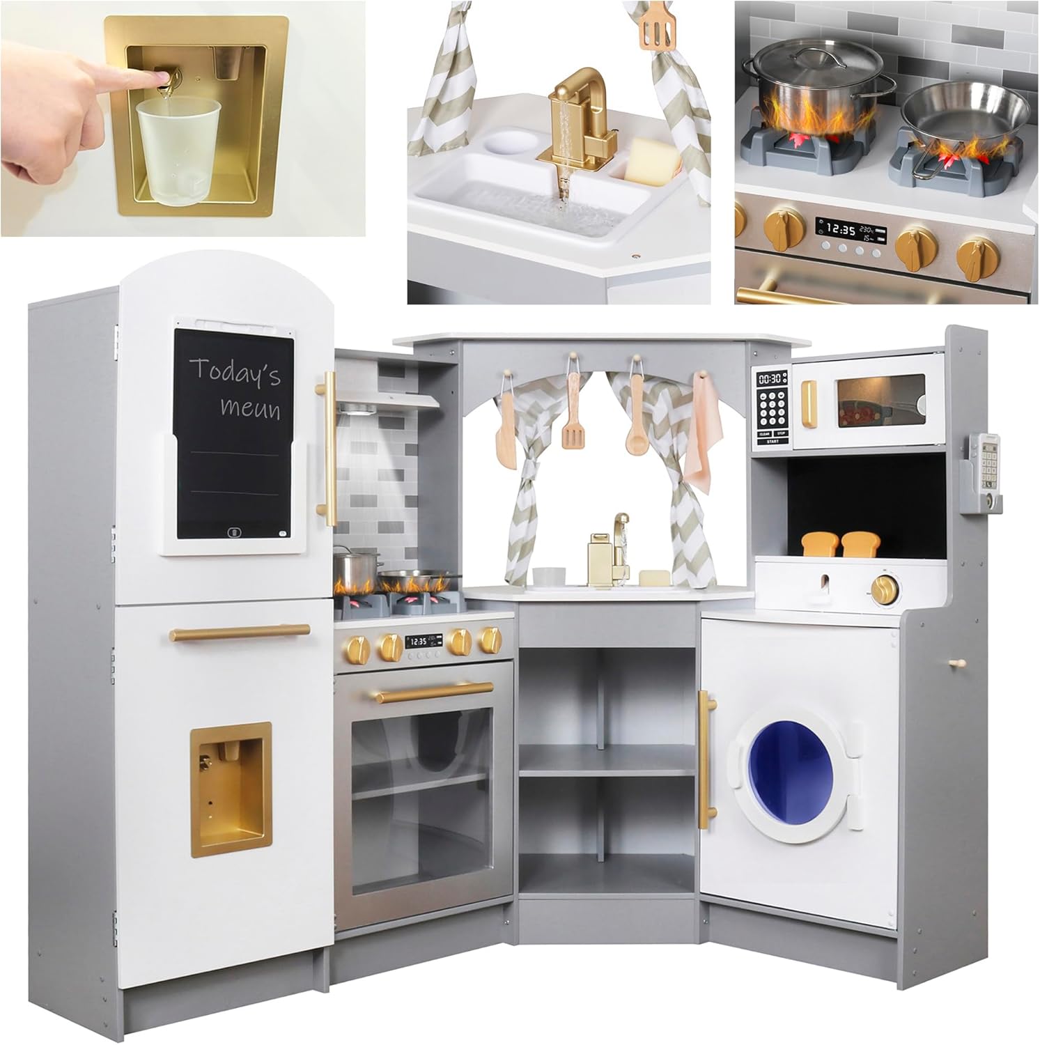Large Wooden Corner Play Kitchen Set with Ice Maker and More
