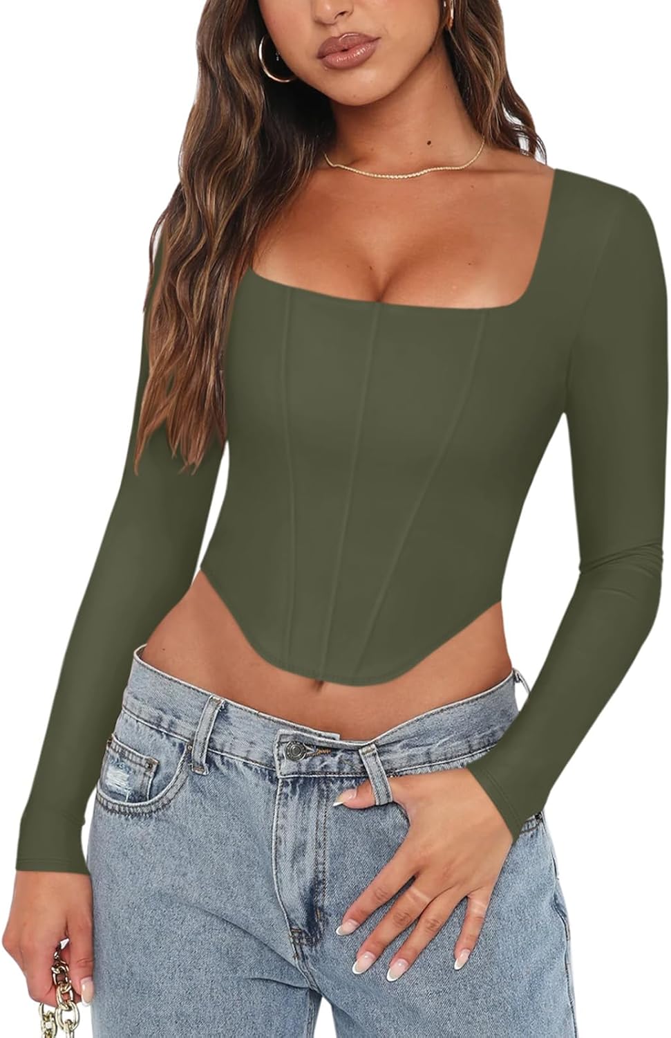 REORIA Womens Sexy Square Neck Long Sleeve Backless Corset Top