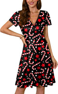 Women's Christmas Short Sleeves V Neck Wrap Dress - Festive Fit