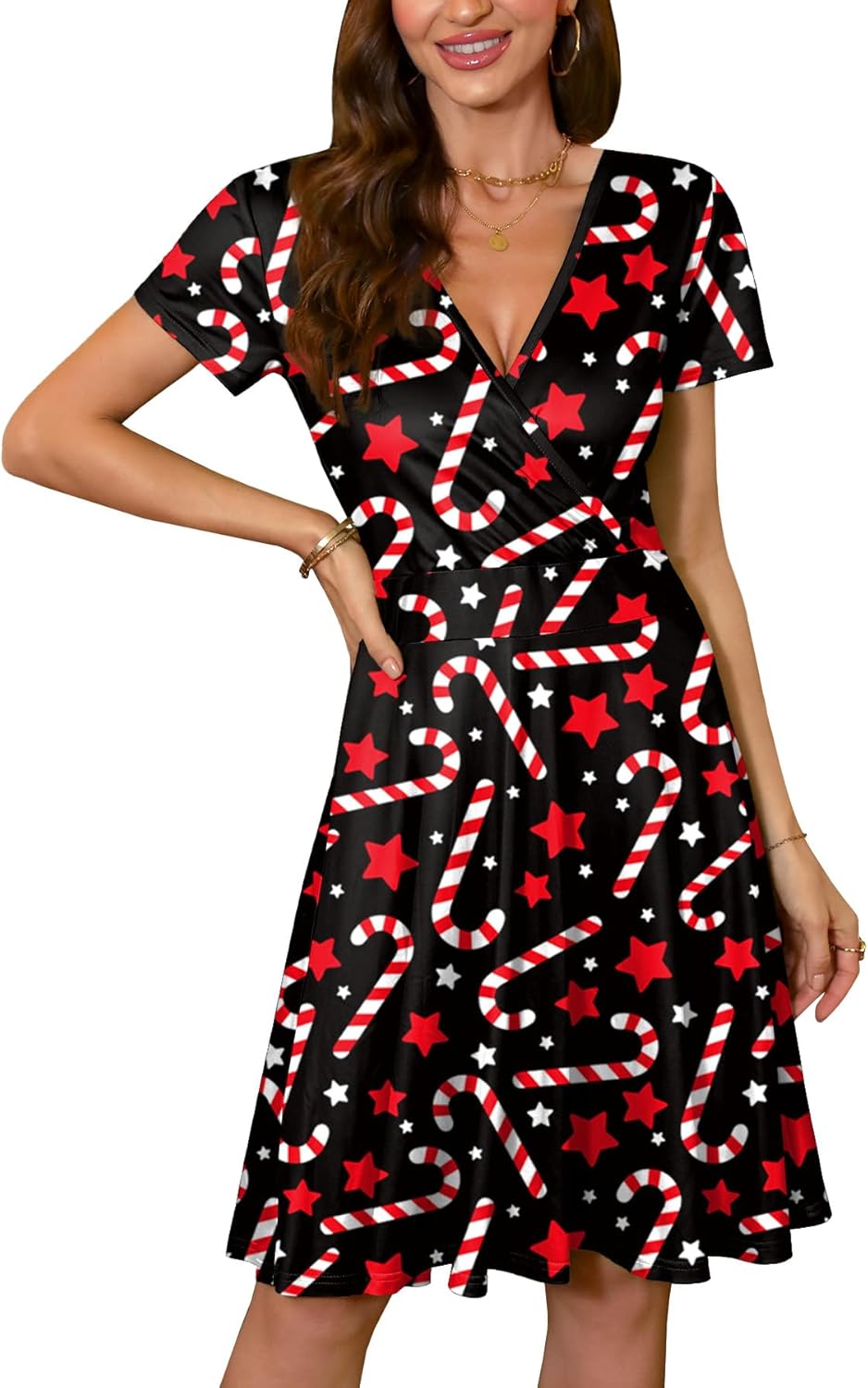 Stylish Christmas Short Sleeve V Neck Wrap Dress for Women