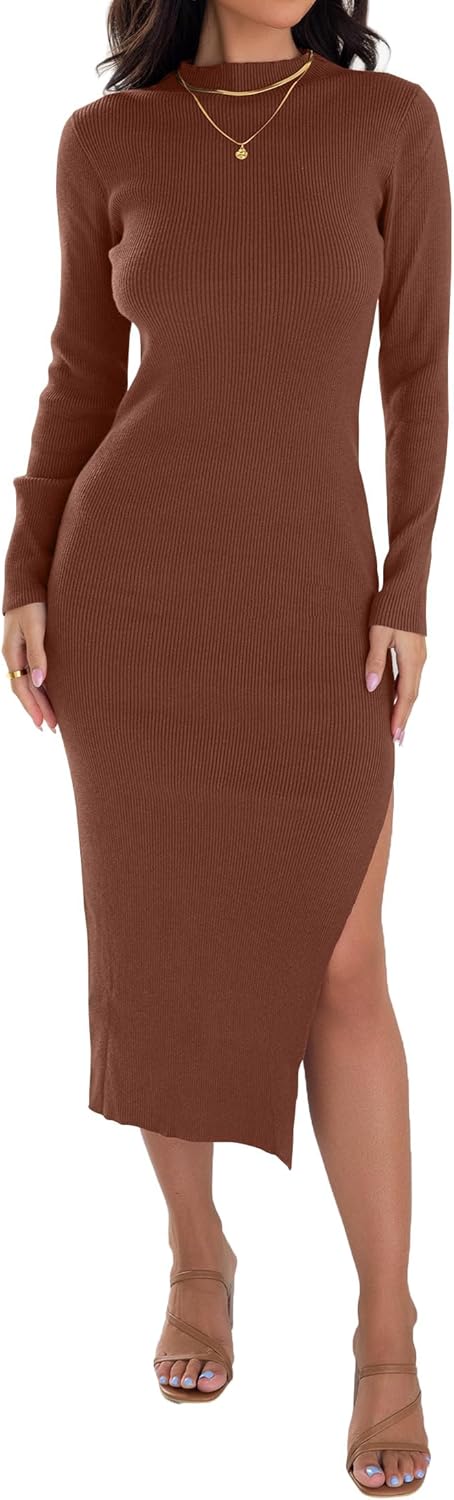 Ribbed Knit Dress for Women - Long Sleeve Mock Neck Style