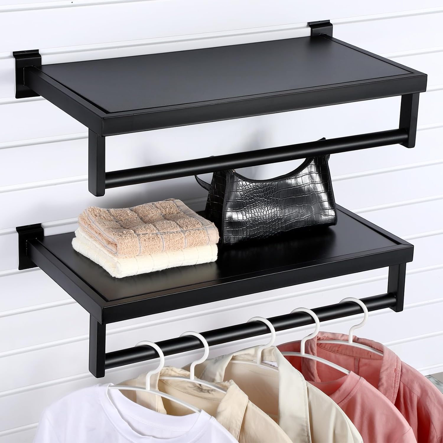 2 Pcs Black Slatwall Shelf Clothes Rack for Home and Retail