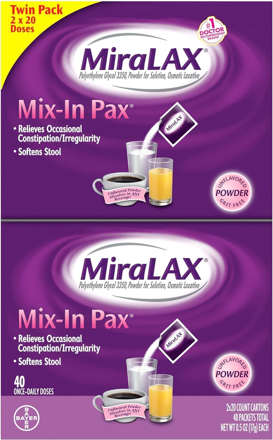 MiraLAX Laxative Powder for Gentle Constipation Relief Travel Pack