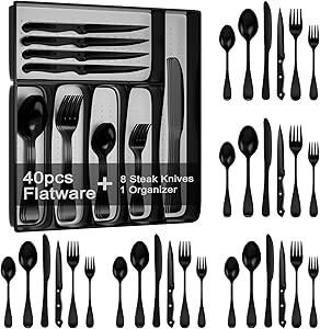 49piece Black Silverware Set with Organizer for Elegant Dining