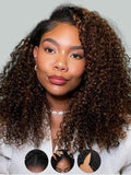 V Part Human Hair Ombre Chestnut Brown Curly Wig - Easy Contour Fit