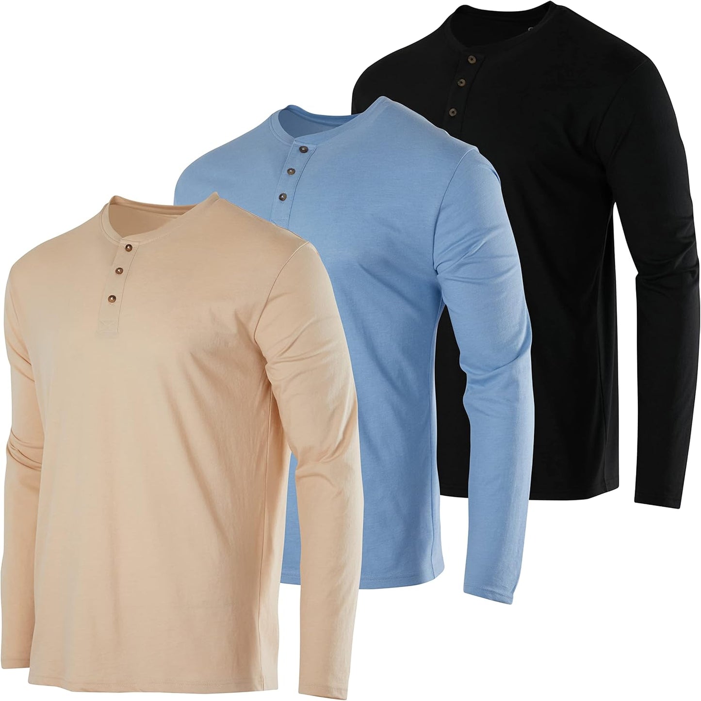 Real Essentials 3 Pack Men's Cotton Henley T-Shirts for Comfort