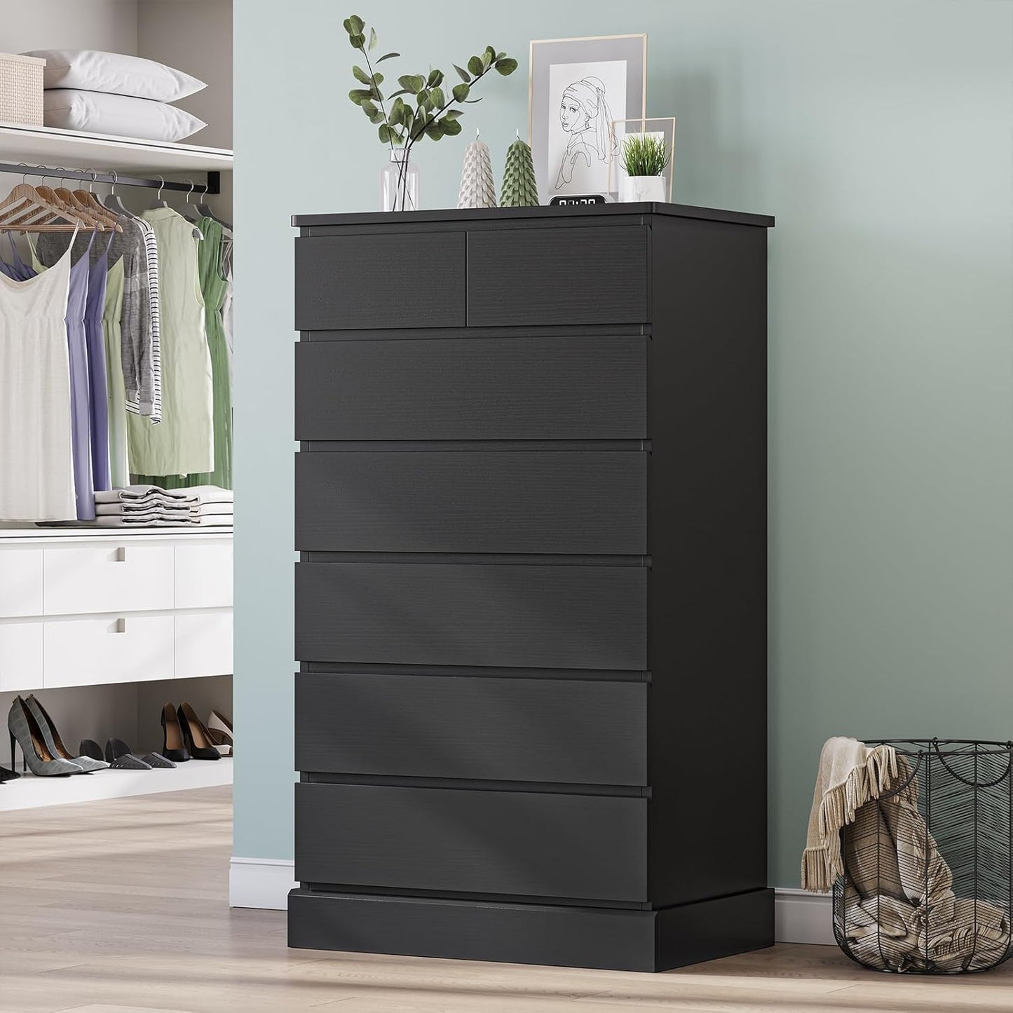 DICTAC Black Tall Dresser with 7 Drawers for Modern Storage