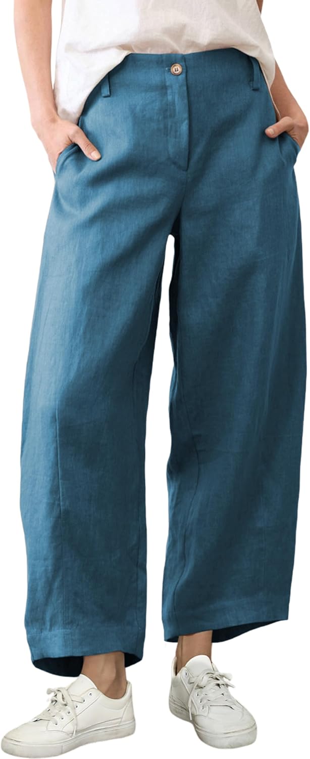 Tanming Womens Linen Pants Casual Capri Baggy Wide Leg Trousers