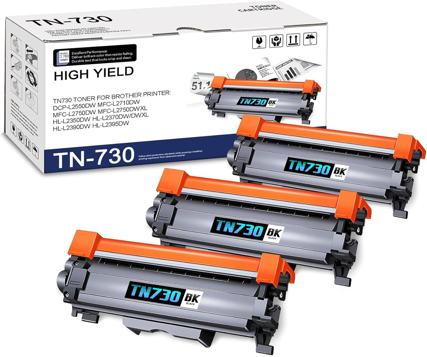 High Yield TN730 Toner 3-Pack - Compatible Brother Printers