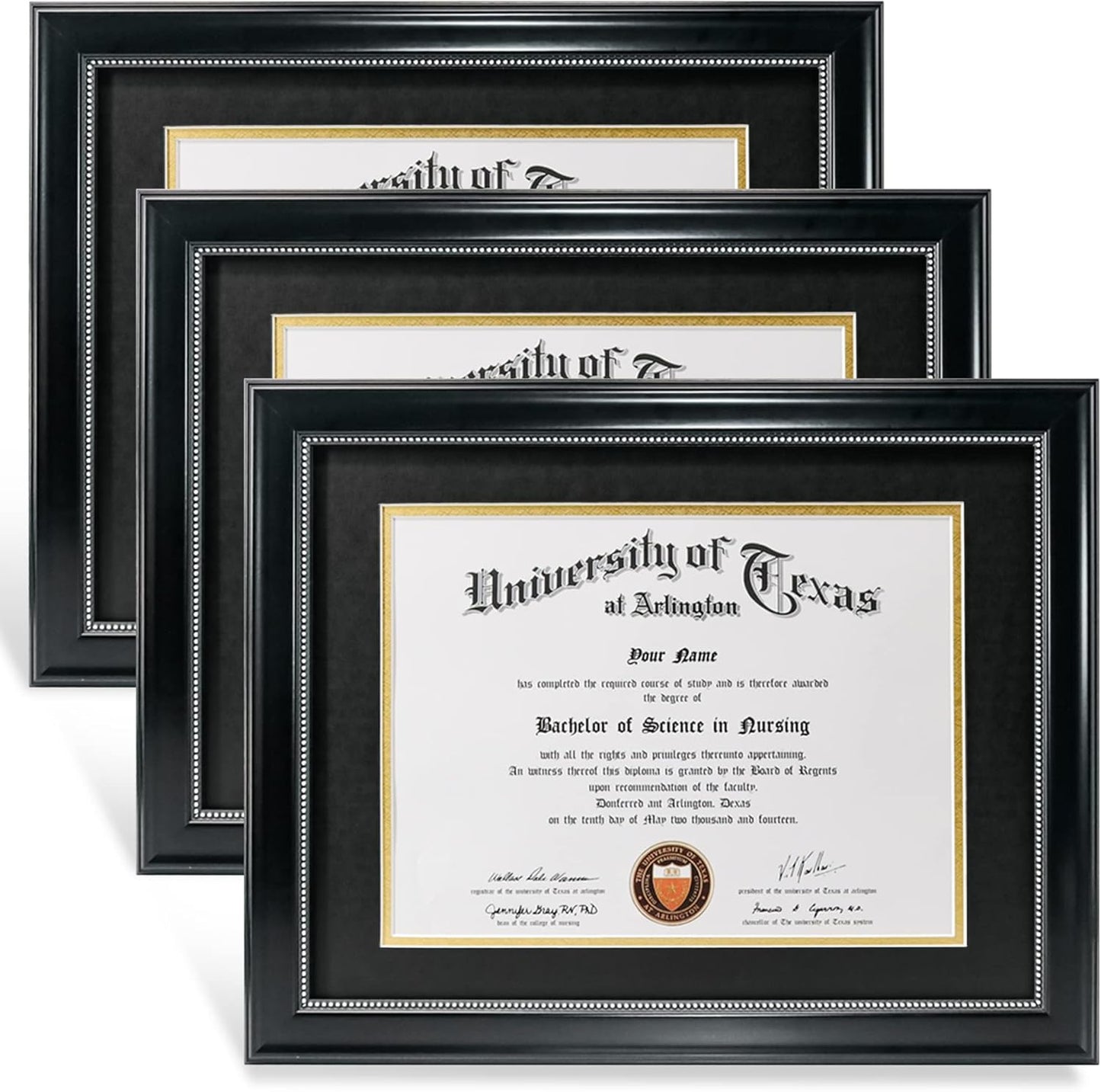 Elegant 8.5x11 Diploma Frame Set of 3 with Black and Gold Mat