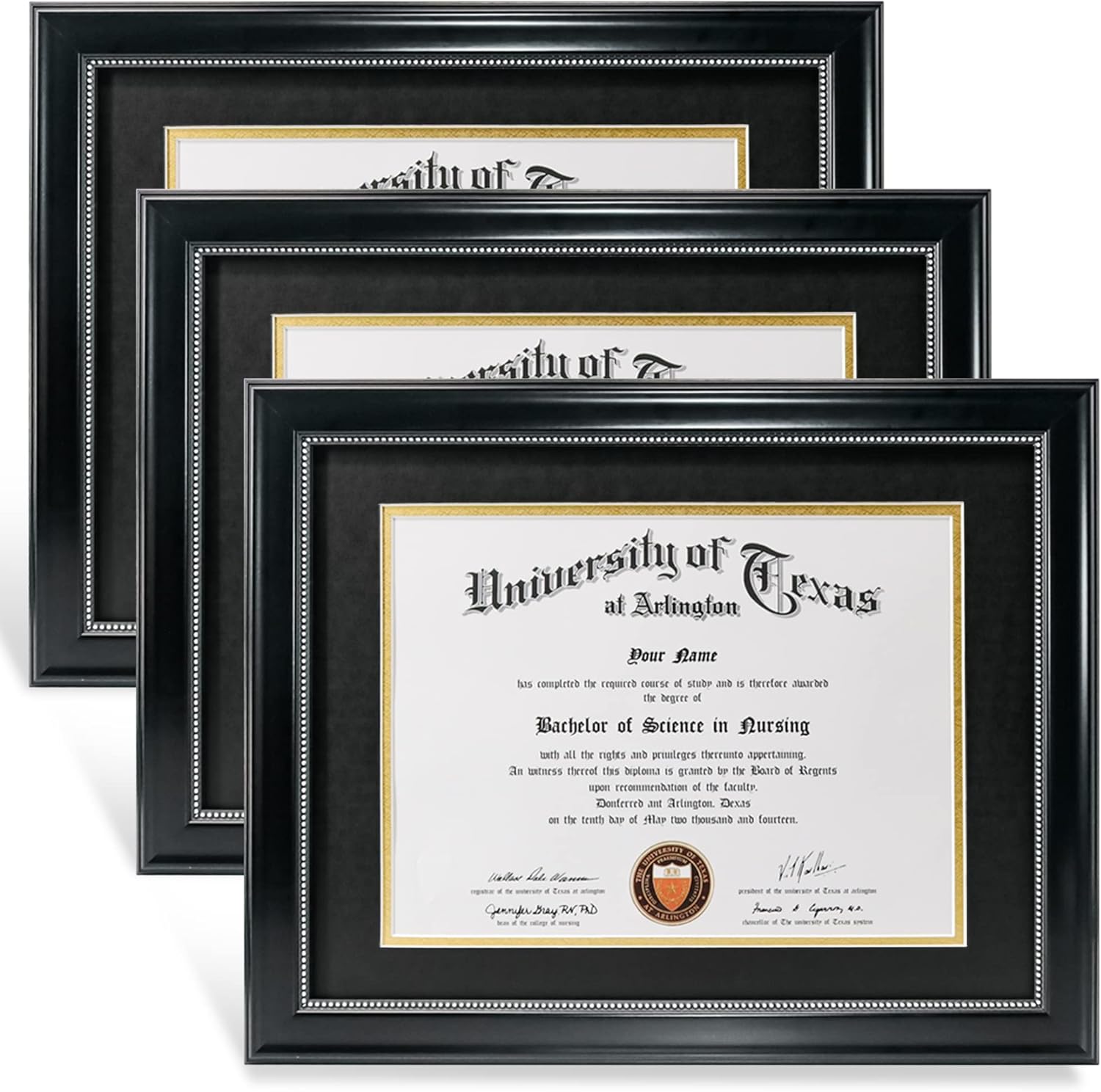 Elegant 8.5x11 Diploma Frame Set of 3 with Black and Gold Mat