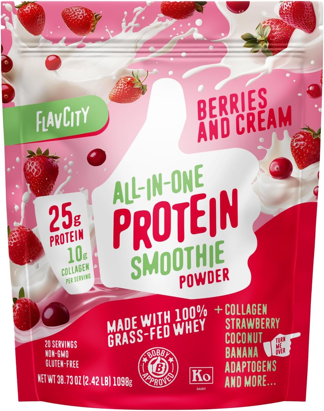 FlavCity Grass Fed Whey Protein Powder - Berries & Cream Flavor