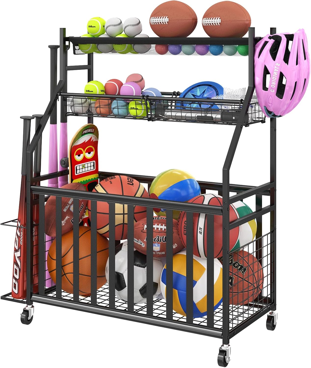 Garage Sports Equipment Organizer with Wheels and Mesh Pockets