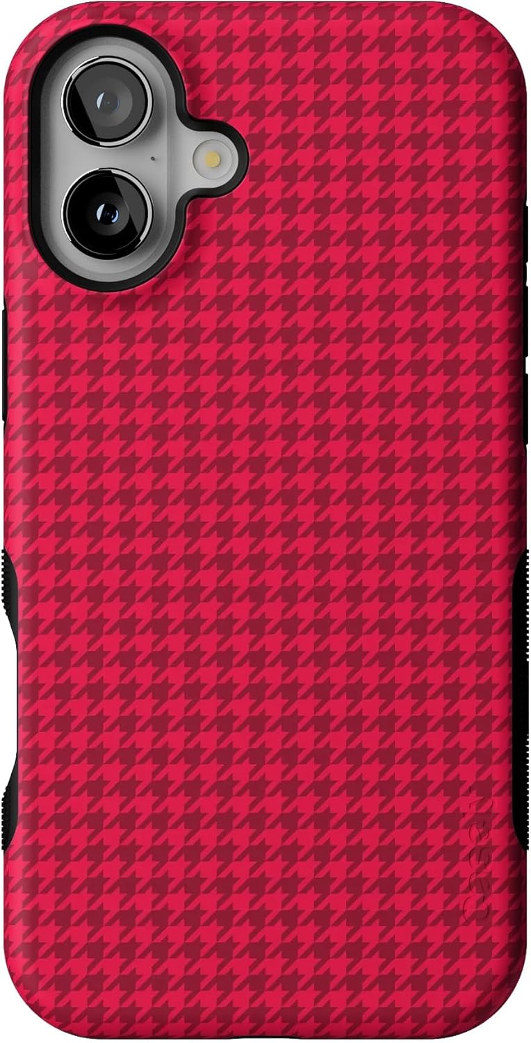 Bold Protective iPhone 16 Plus Case with Red Houndstooth Design