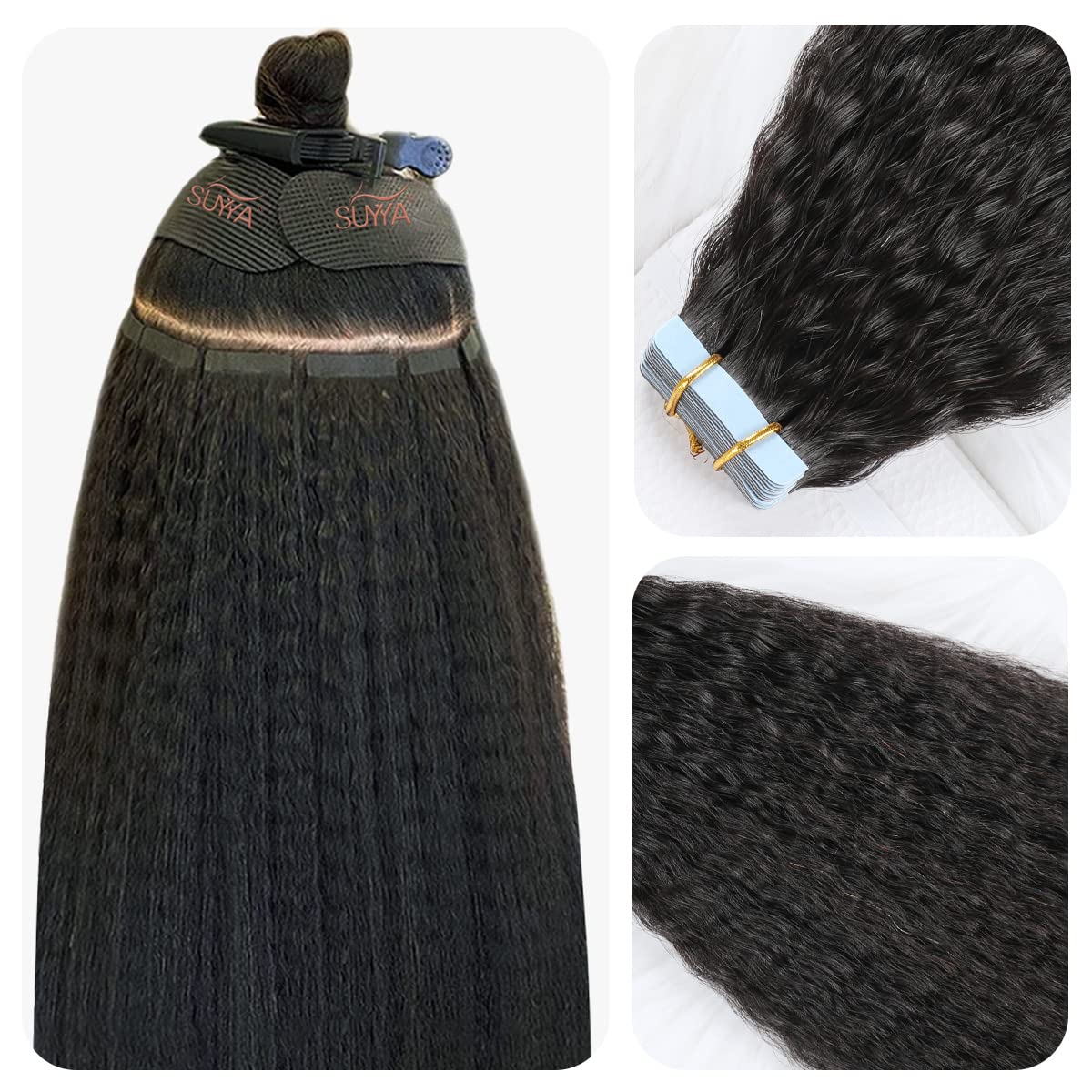 SUYYA Tape in Hair Extensions Kinky Straight Natural Black 20 Inch