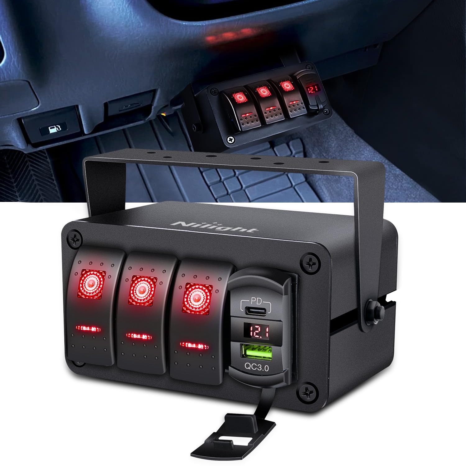 Nilight 3 Gang Rocker Switch Box with USB Charger and Voltmeter