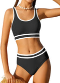Girls Swimsuit Black Double Strap High Waist 3-Piece Set