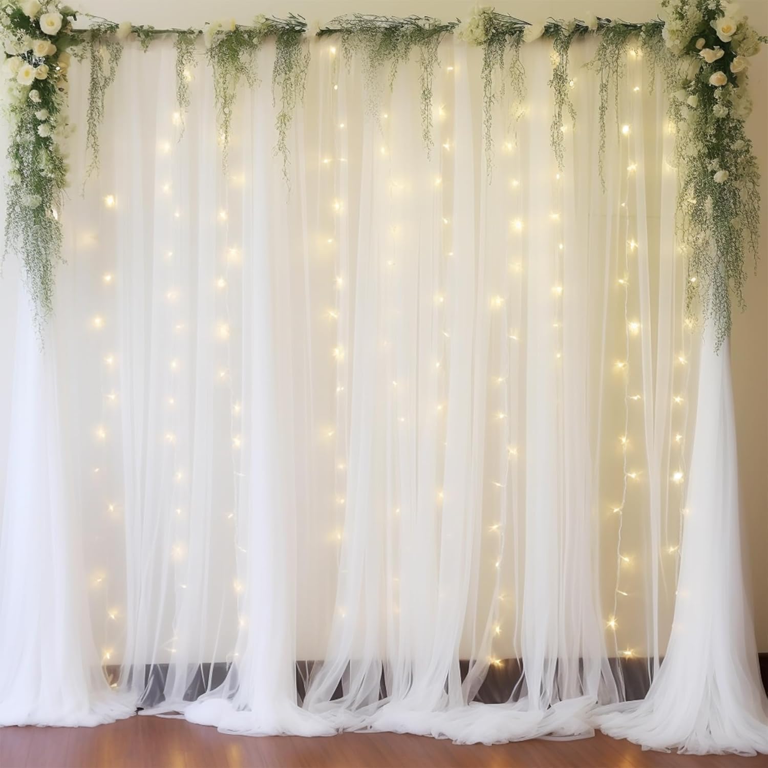 White Tulle Backdrop Curtain with Lights - Party Essential