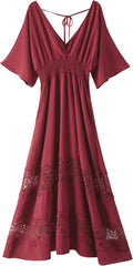 Women's Lace Maxi Dress with Smocked Waist - Boho V Neck Maxi