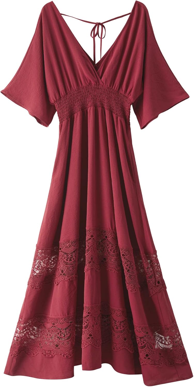 Women's Lace Maxi Dress Short Sleeve V Neck Boho Style