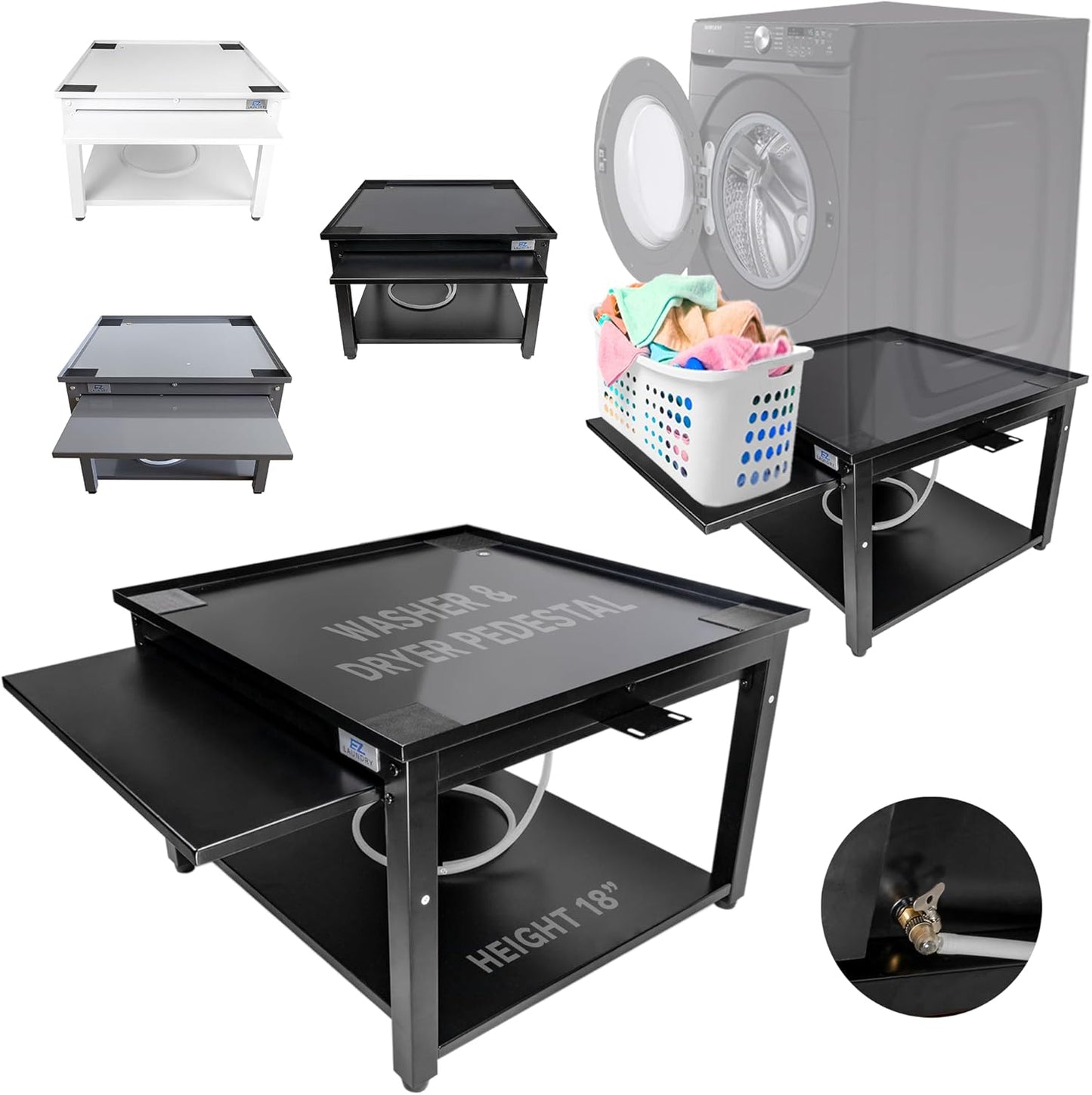Ergonomic Washer and Dryer Pedestal with Pull Out Shelf and Drain Pan