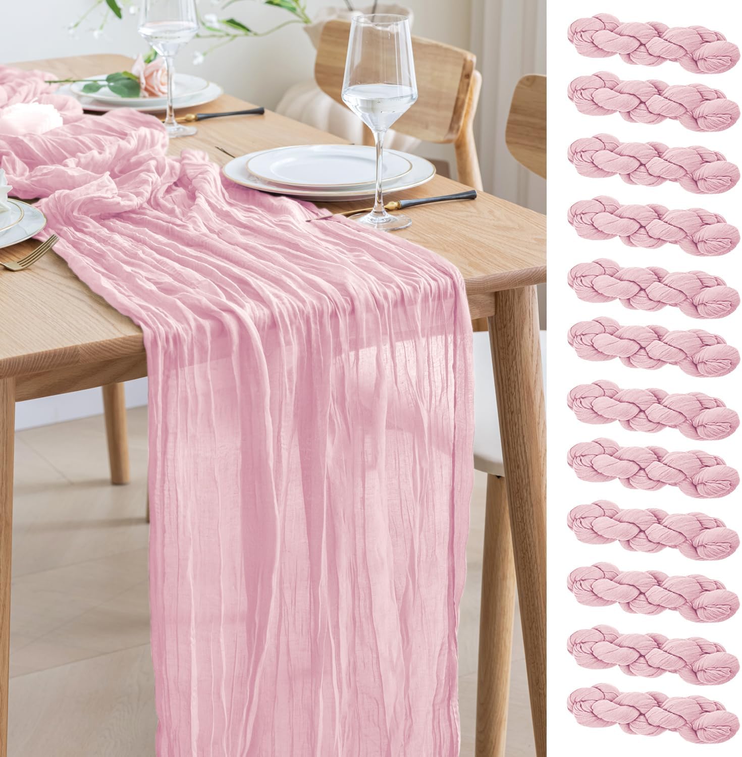 12pcs Blushing Pink Cheesecloth Table Runner for Elegant Decor
