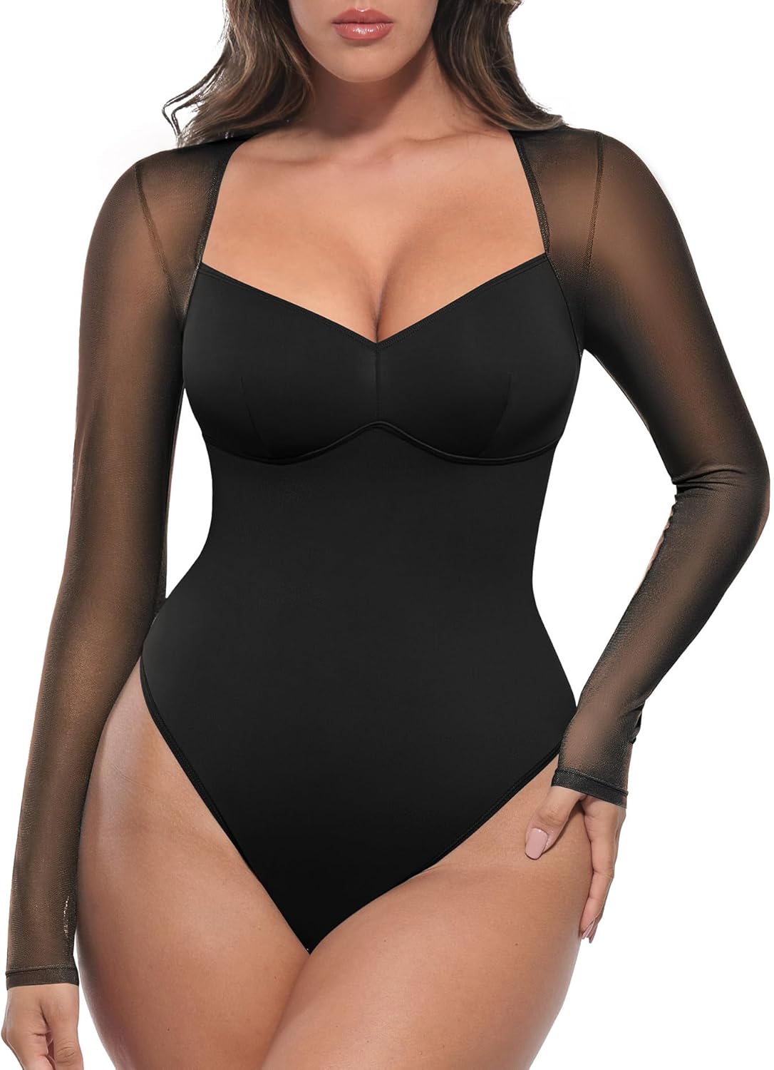 FeelinGirl Long Sleeve Bodysuit for Women with Sexy Mesh Design