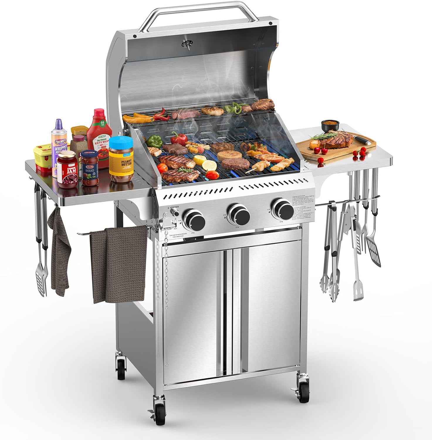 G31 Gas Grill with 3 Burners and Folding Side Tables for BBQ
