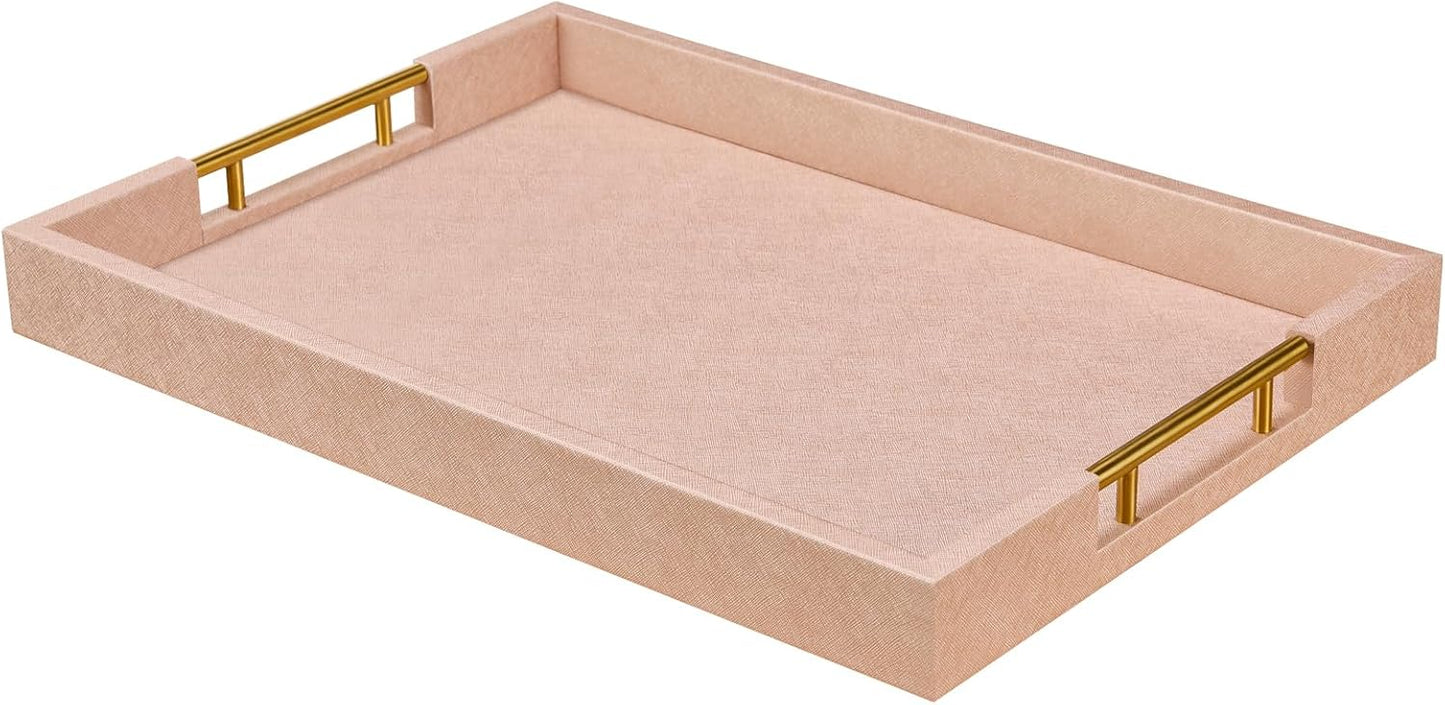 14x20 Inches Champagne Faux Leather Wrapped Wood Serving Tray