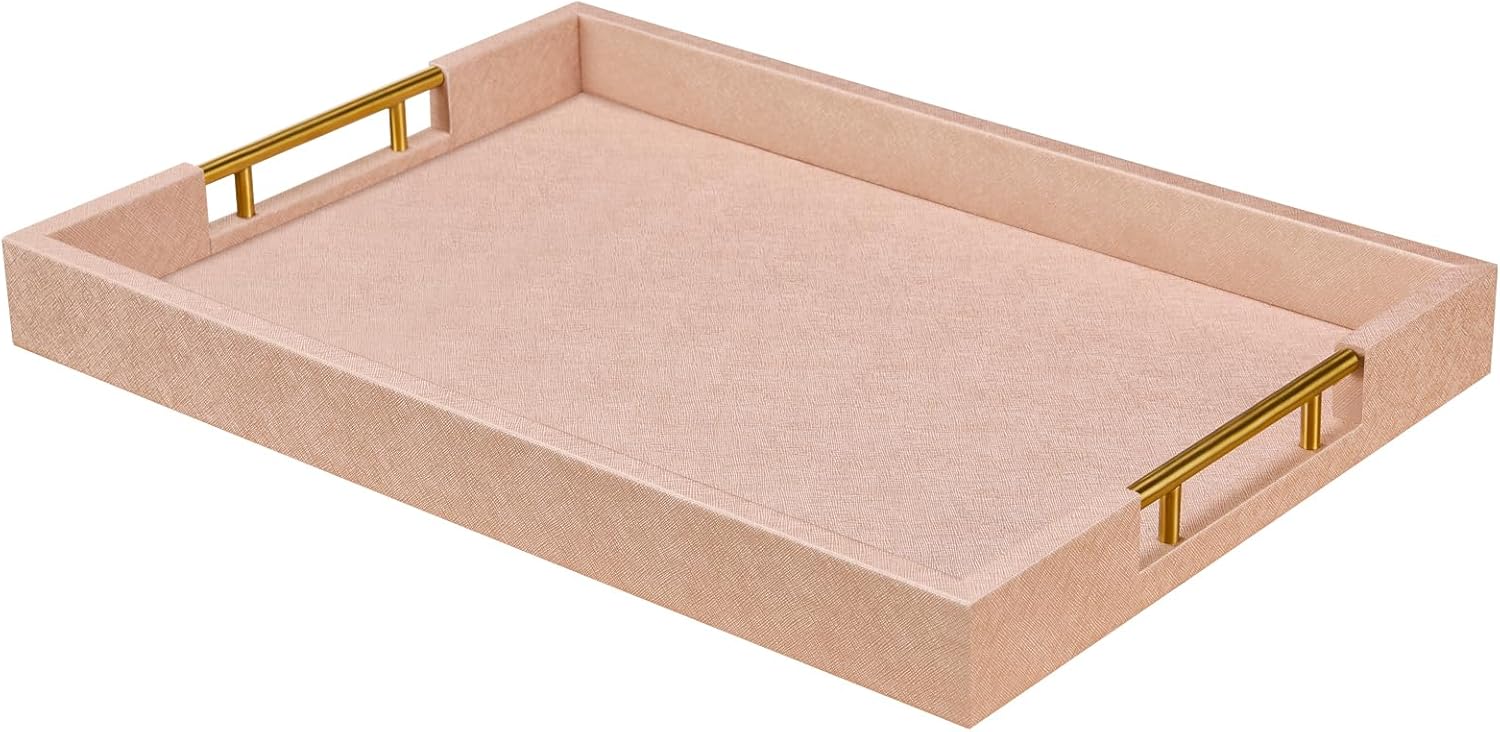 14x20 Inches Champagne Faux Leather Wrapped Wood Serving Tray