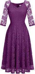 Womens Long-Sleeve Lace Wedding Guest Midi Dress - A-Line Fit