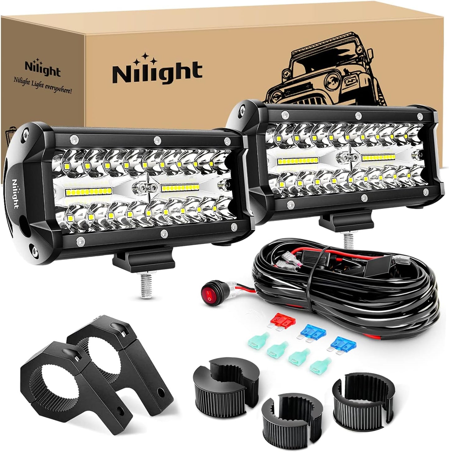 Nilight 6.5Inch 120W Spot Flood Combo Bar Driving Light Kit